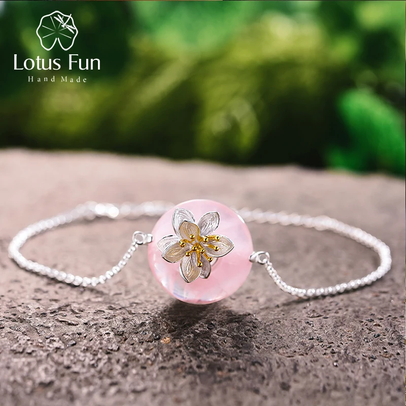 

Lotus Fun Real 925 Sterling Silver Natural Stones Creative Handmade Fine Jewelry Lotus Whispers Bracelet for Women Brincos