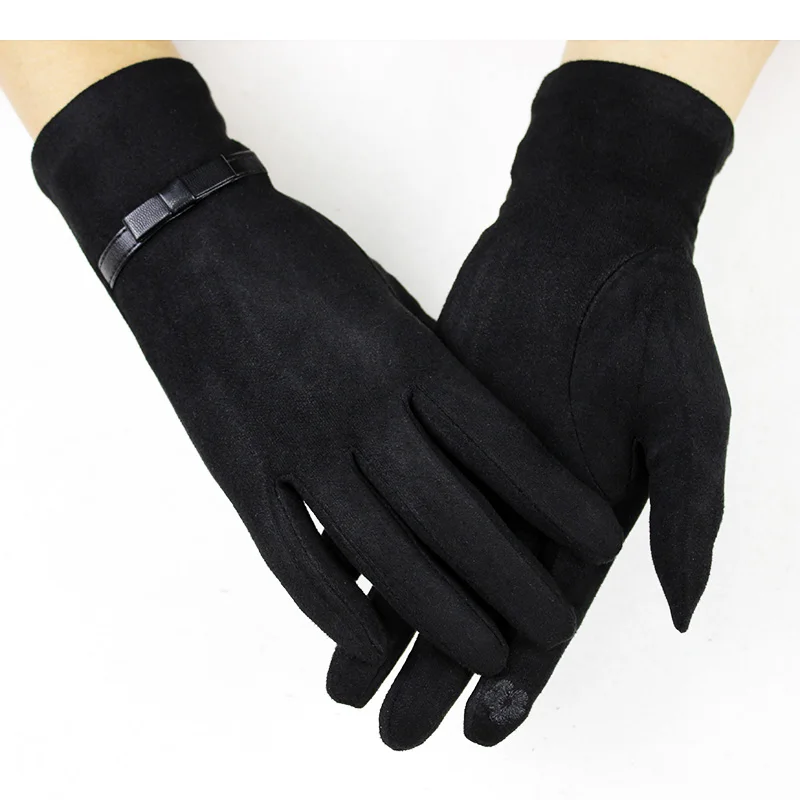 Guantes de punto de gamuza para mujer, manoplas elásticas finas para pantalla táctil, hechas a mano, color negro, primavera y otoño