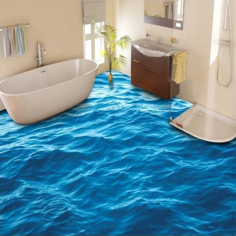 Custom Floor Wallpaper 3D Stereoscopic Ocean Waves Mural Living Room Bathroom PVC Self-adhesive Waterproof Floor Wallpaper Roll