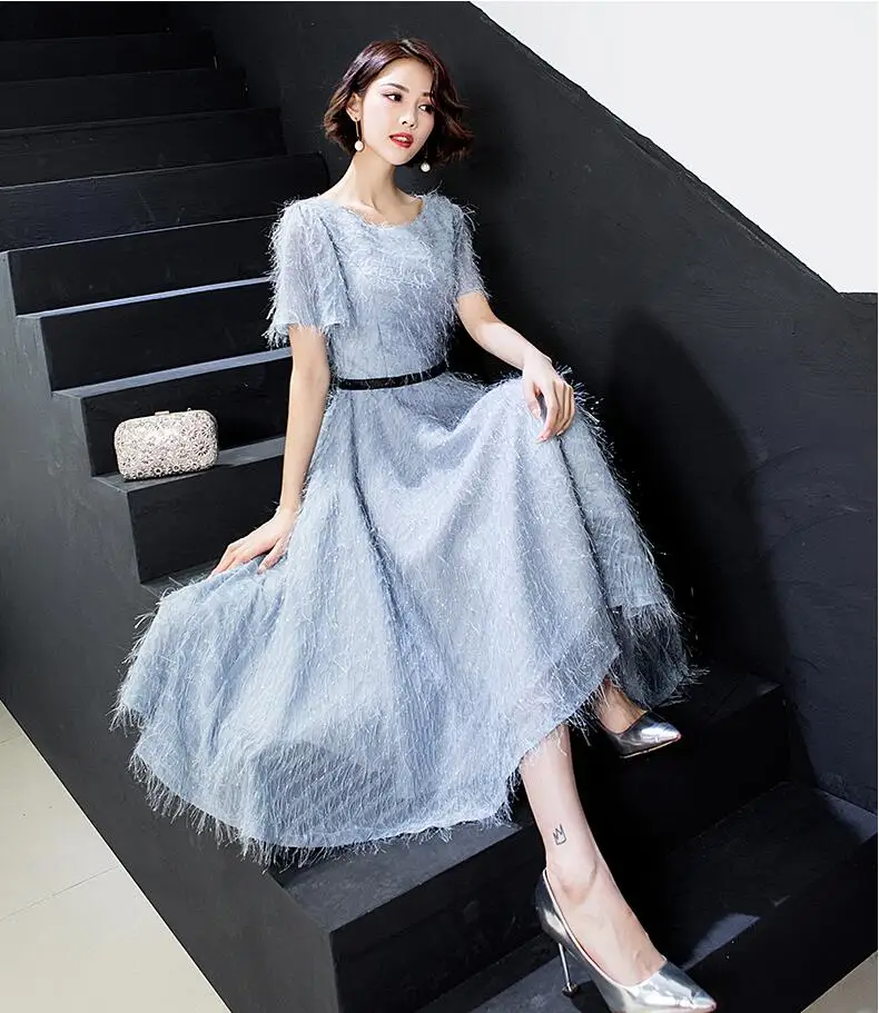 

Elegant evening dress tea-length short sleeves crystal decoration Prom dress 2019 Junior homecoming party dress vestido de festa