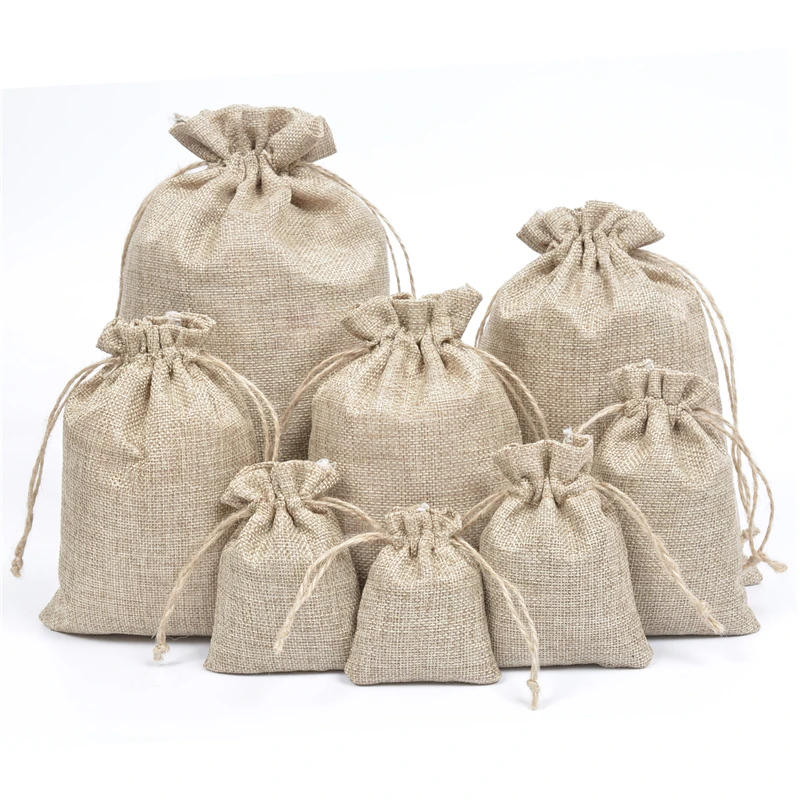 Natural Hessian Burlap Jute Gift Drawstring Bag For Xmas Wedding Party Favor Candy Comb Coffee Bean Flax Plain Pouches 50pcs