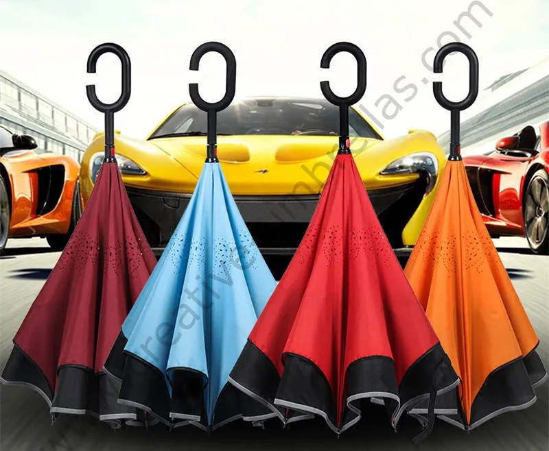 2pcs/lot  98cm 2-3persons C-Hook reflective neon windproof self-defense Reverse Car umbrella Double Layer Inverted stand parasol