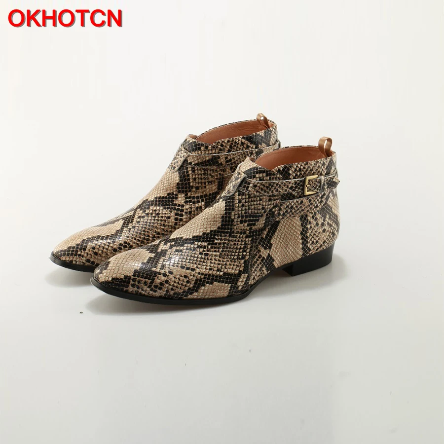 OKHOTCN New Embossed Python Leather Buckle Strap Men Ankle Boots Snakeskin Flat Heels Runways Cowboy Riding Boots Chelsea Boots