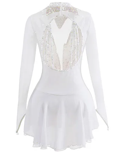 White Figure Skating Dress Long-Sleeved Ice Skating Skirt Spandex Made In China