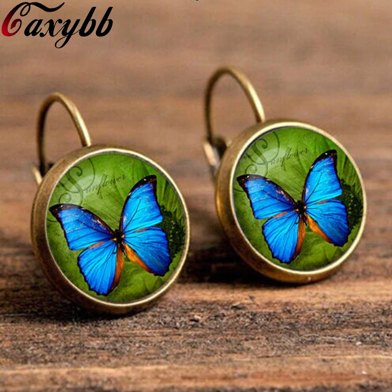 handmade blue Butterfly earrings jewelry Butterfly Green earring accessories dome crystal glass cabochon earring ce366