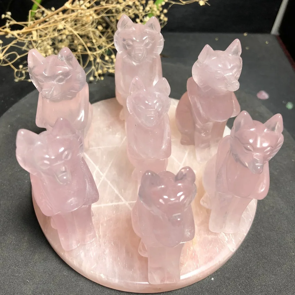 High Quality Natural Rose Quartz Crystal Seven Star Array Carving Fox Drive Away Evil Spirits With Base