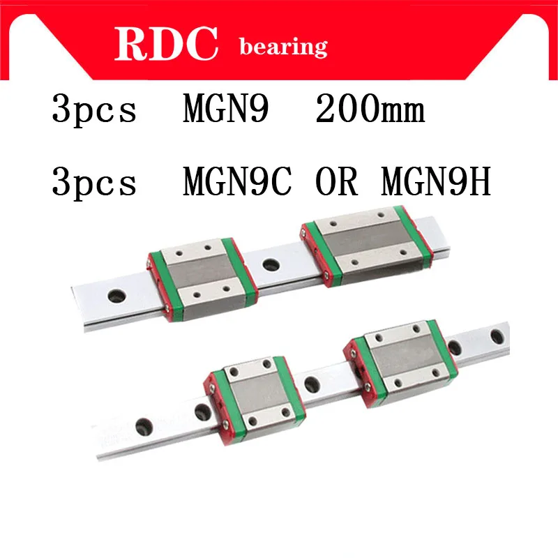 

High quality 3pcs 9mm Linear Guide MGN9 L= 200mm linear rail way + MGN9C or MGN9H Long linear carriage for CNC XYZ Axis