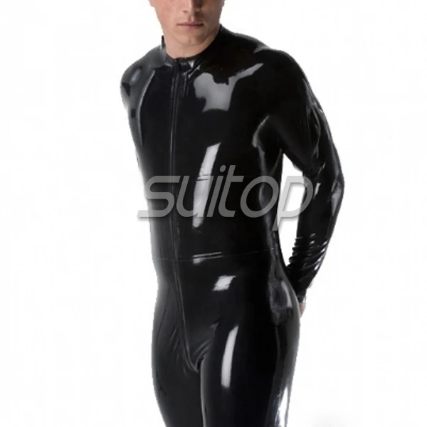 

Suitop nature rubber latex catsuit black color front zip trough crotch