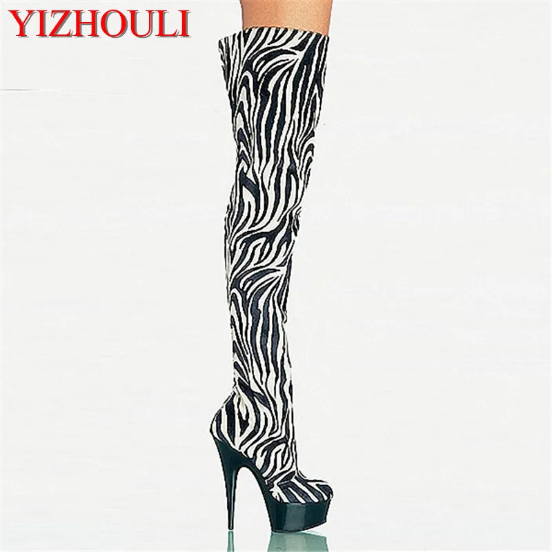 

15cm Fashionable Zebra Horsehair Leather Platforms Womens Boots 6 Inch High Heel Shoes Sexy Thigh High Boots