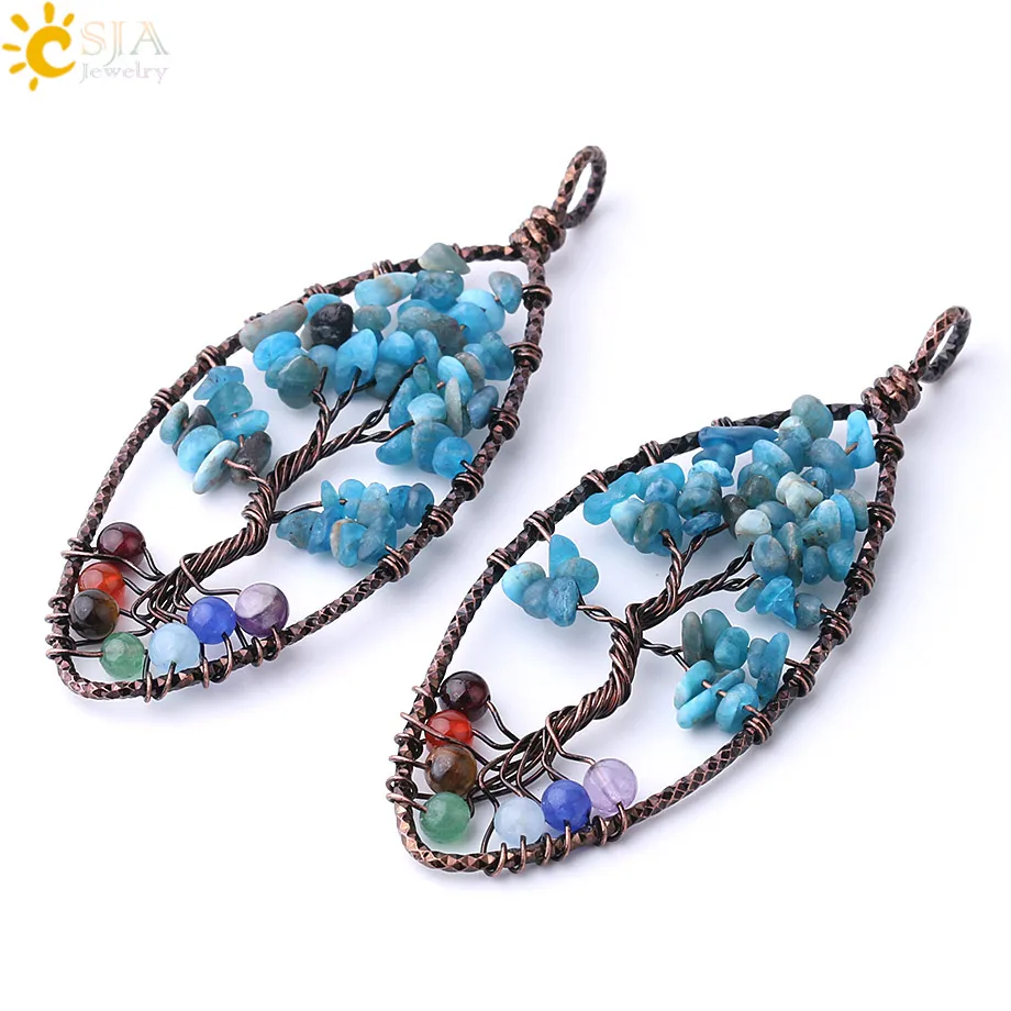 CSJA Healing 7 Chakras Tree of Life Pendants Natural kyanite Gem Stone Chip Beads Antique Silver Color Wire Wrap Jewelry F825