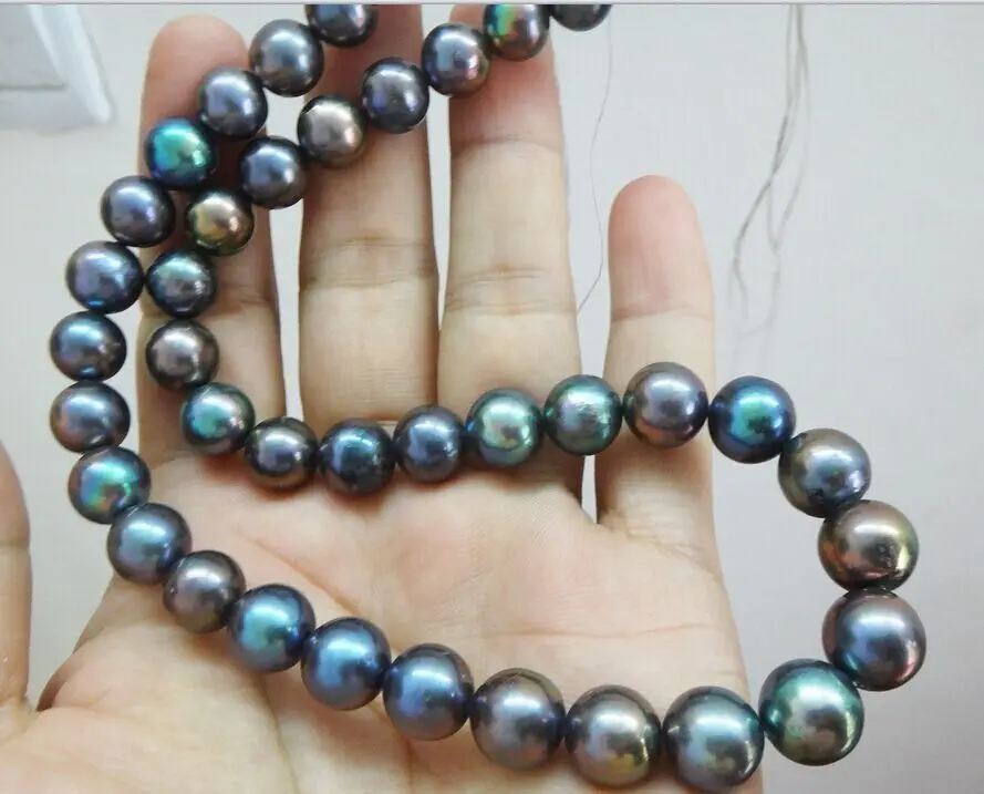 

Free Shipping Superb 18"10-11mm Natural Tahitian genuine black peacock round pearl necklace