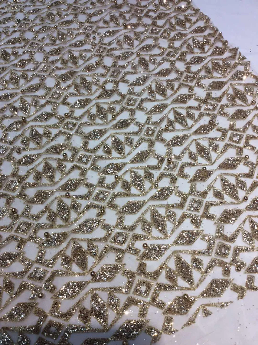 

ap215# 5 yards champagne gold pearls sparkly hand print glued glitter net tulle mesh sugar lace fabric for sawing dress