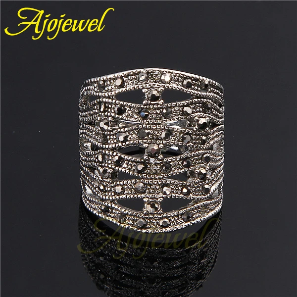 Ajojewel Big Luxuoius Pave Black CZ Retro Women Brand Geometric Ring Femininas Jewelry