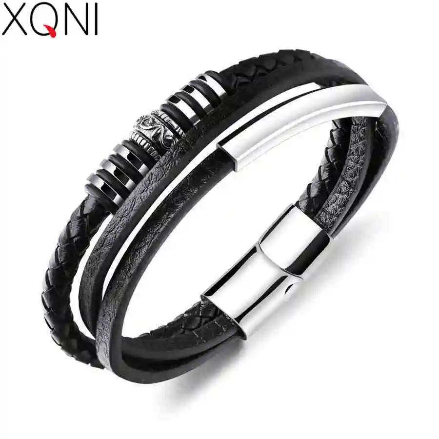 

XQNI Top Quality Mans Leather Bracelet Stainless Steel Black Color Magnet 200mm Accessories Jewelry For Birthday Gift