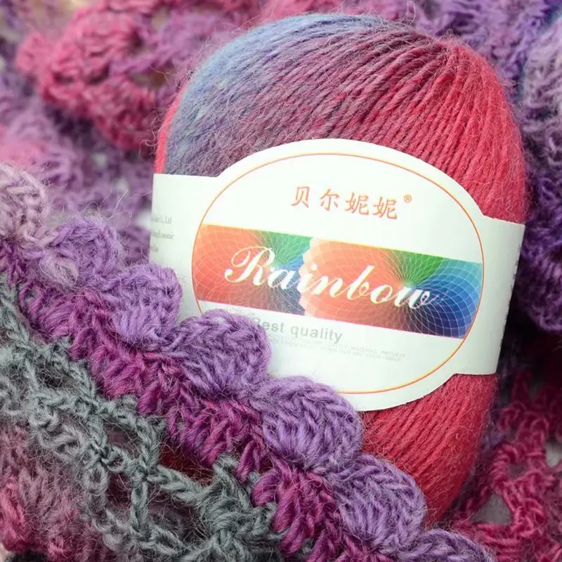 

High Quality 250g/5 Ball Rainbow segment dyed wool yarn Luxury Fur Hairy Cashmere Yarn For Hand Kintting marifetli laine a tric