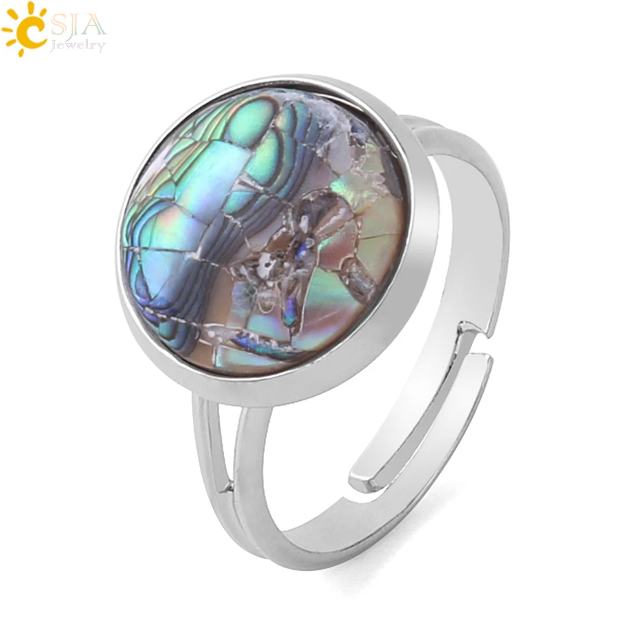 CSJA Round Natural Seashell Ring Pink White Colorful Abalone Shell Adjustable Women Finger Rings Party Daily Summer Jewelry F904