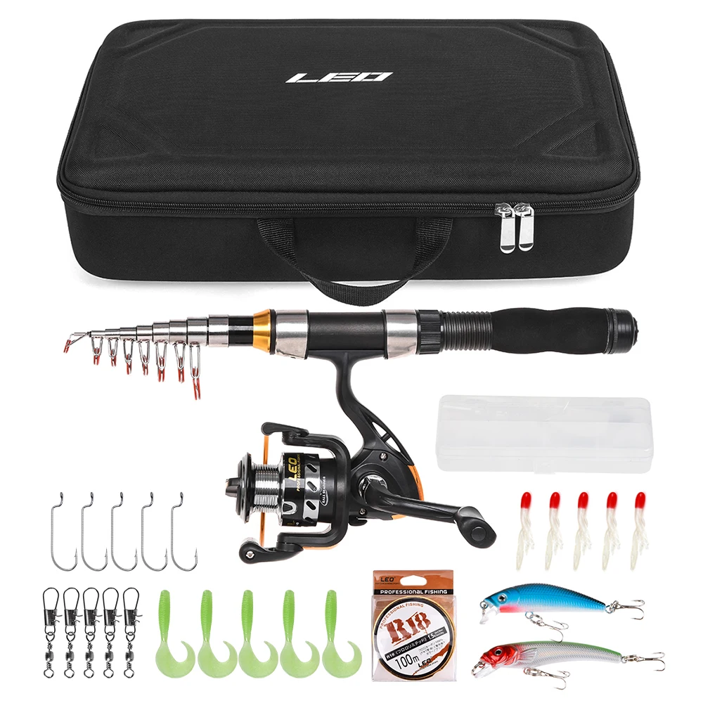 

LEO Portable Telescopic Fishing Rod and Spinning Reel Combo Pole Set Fishing Line Lures Hooks Barrel Swivels Travel Fishing Kit