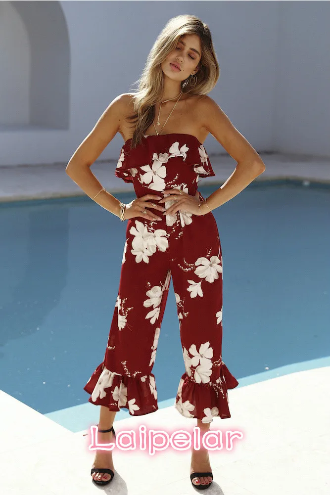 

Women Off shoulder Summer Romper Sexy Jumpsuit Floral Print Casual New Bohemian Playsuit Ruffles Red Laipelar