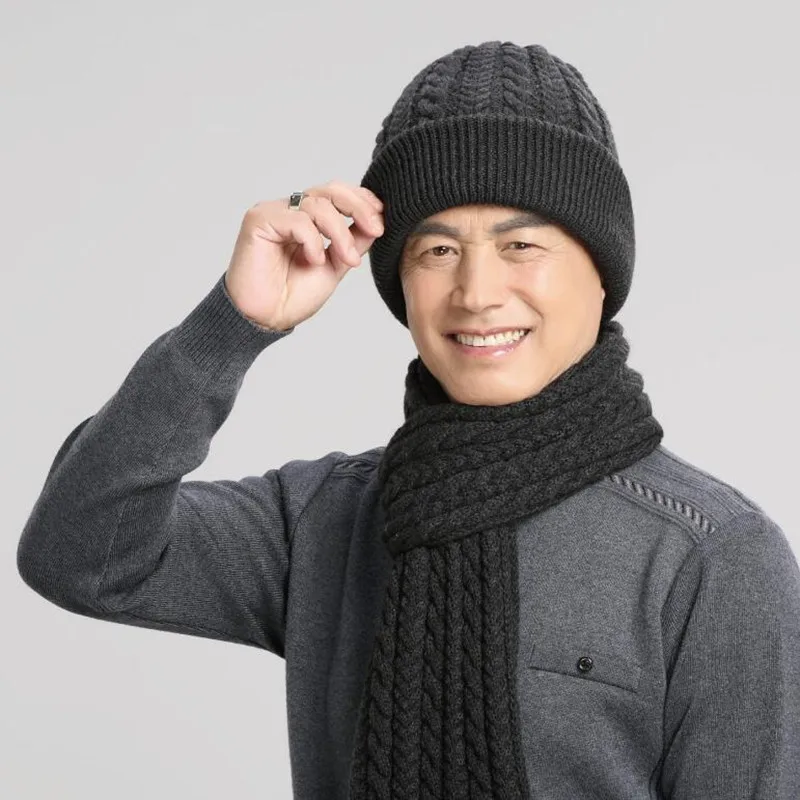 Adult Middle Age Elderly Man Hat Winter Wool Thicken Cap Father Ear Protection Knitted Hats Dad Outdoor Warm Fashion Scarf H7148