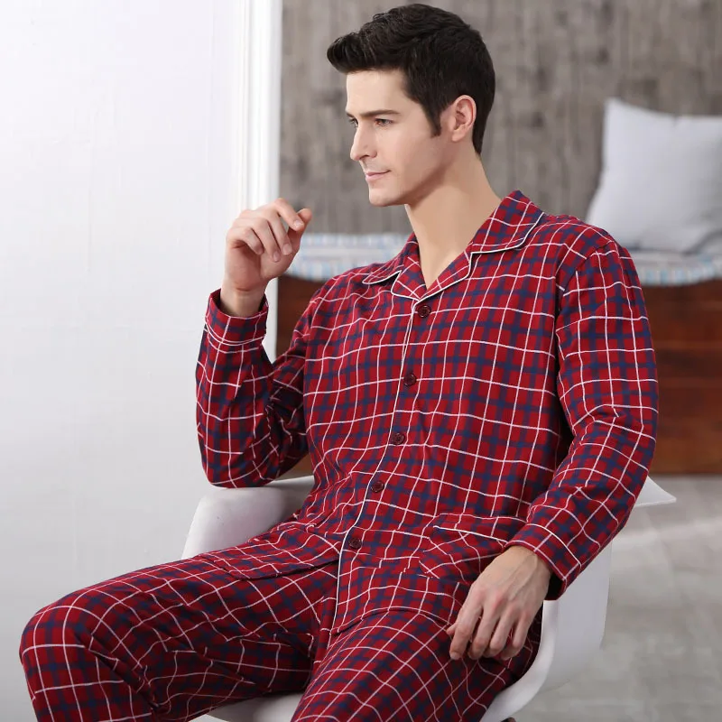 Men\'s Pajamas Long Sleeves Plus Size Top Pant Set Adult Cotton Homewear Male Pyjama Sleepwear Mens Pajamas Men Nightwear D-2200