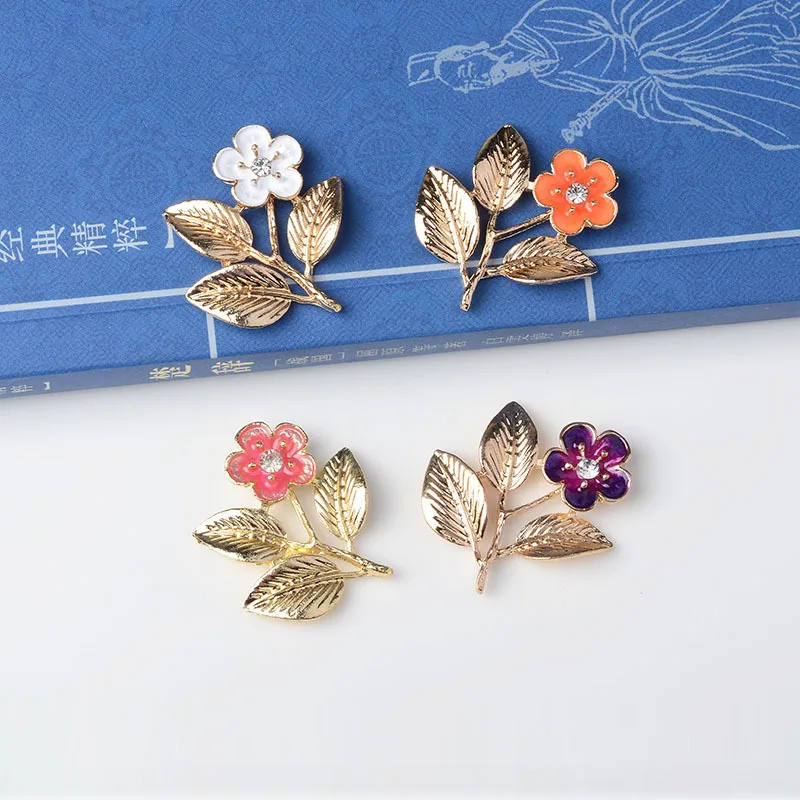 

50PCS 26*26mm Gold tone Alloy Material Enamel Crystal Flower Charm Branch Pendant for Wedding Head DIY Handmade Jewelry Making