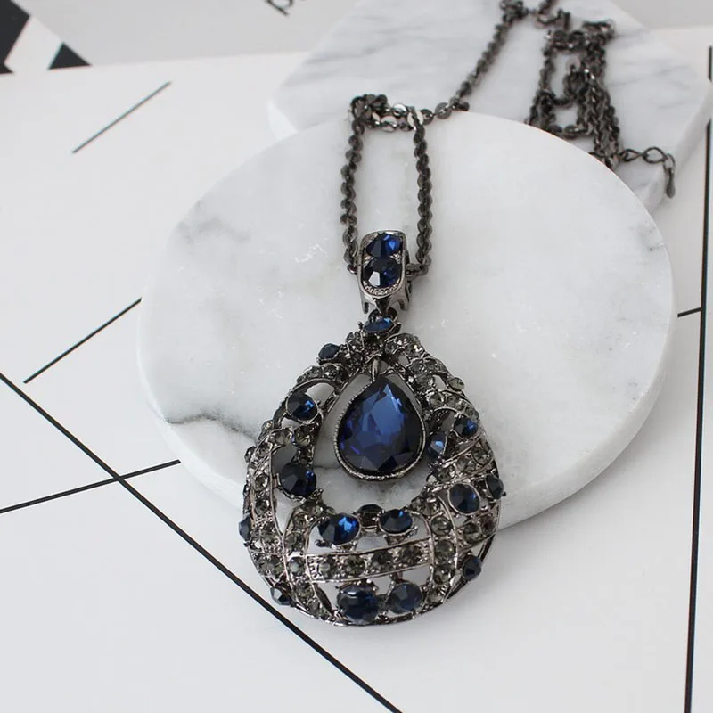 Fashion Ｗater Ｄrop Crystal Necklaces Sweater Coat Long Necklace Women Jewelery Woman Rhinestone Pendant Neckless Ｗomens Gift D35