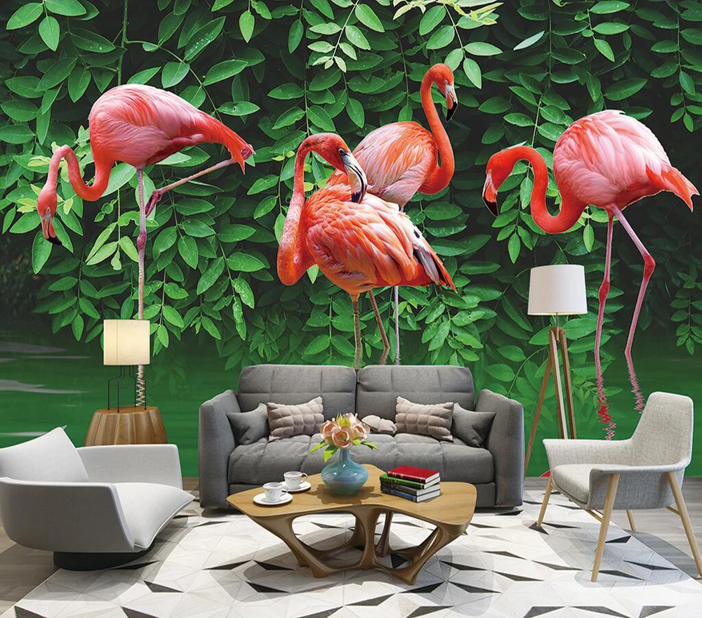 

Decorative wallpaper Tropical rain forest flamingo background wall painting