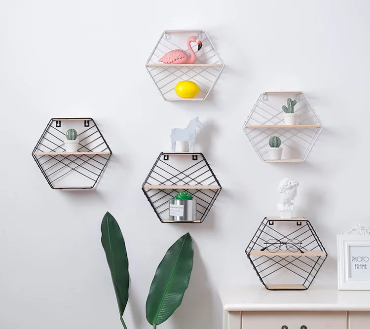 

1PC New Nordic style Wooden Iron Art Hexagon Dubble Storage Rack Wall Hanging Home Organizer Shelf Holder Decoration Tool JL 260