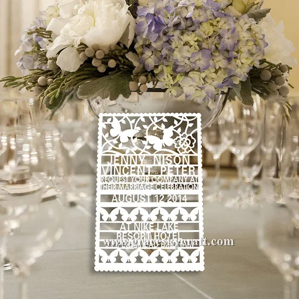 

50pcs free shipping pearl paper laser cut wedding Save The Date cards Butterfly design invitation RSVP cards text personalized