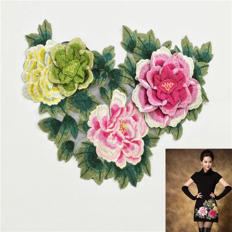 Big Peony Flowers Computer Embroidered Patches Sew on applique For Clothes Wedding Dress Decoration Applique Diy Accessory