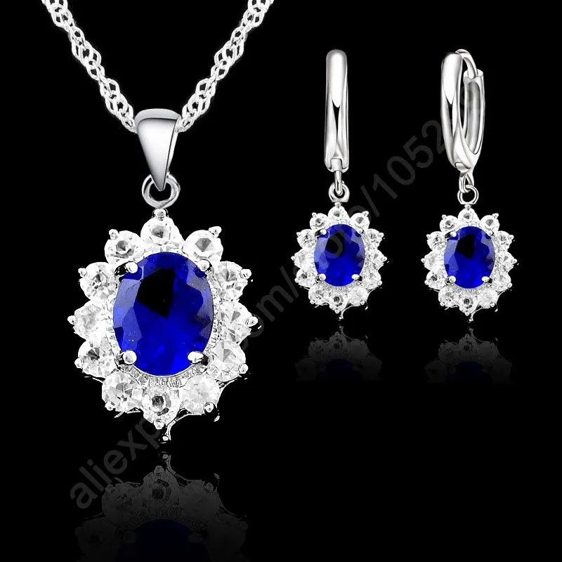 

925 Sterling Silver Elegant Flower Shape Women Wedding Necklace Earring Jewelry Sets Navy Blue Cubic Zirconia Girls Gifts