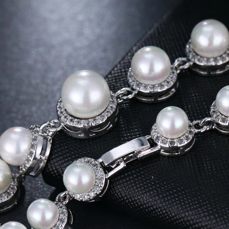 EMMAYA New Simulated Pearl Bracelet with Cz Beads Paved Women Bracelet Fashion Silver Color Wedding Jewelry