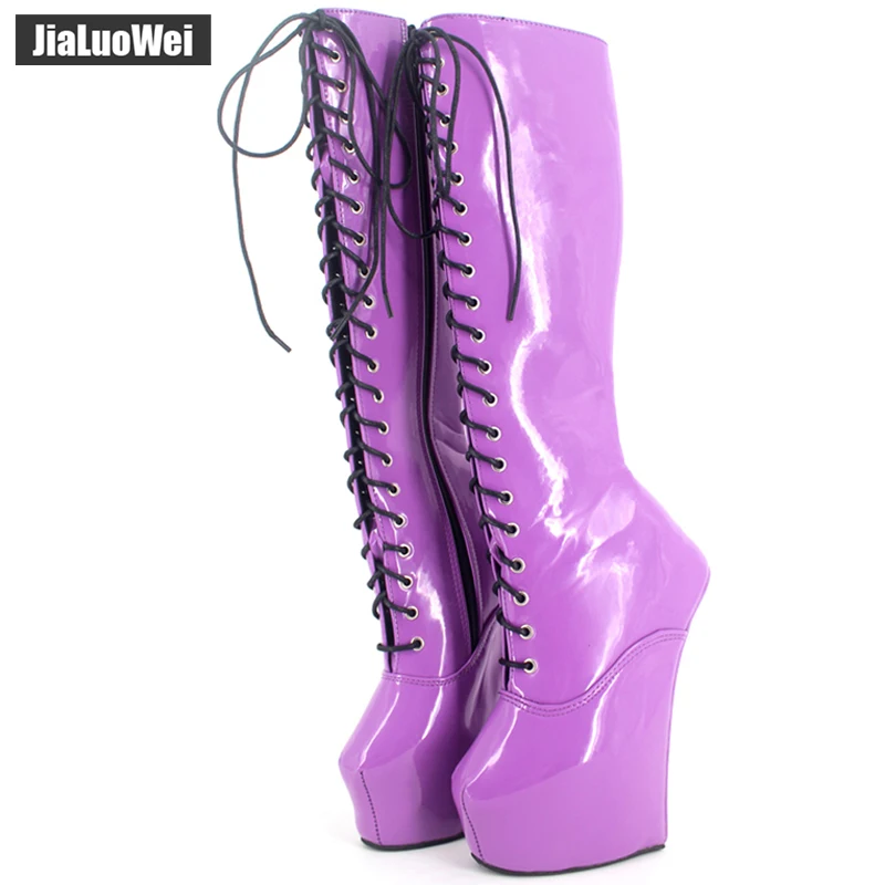 

jialuowei 20cm High heel + 5cm Platform Fetish Sexy Knee High Cross-tied Heelless Wedge Horse Ponying Stallion Hoof Sole Boots