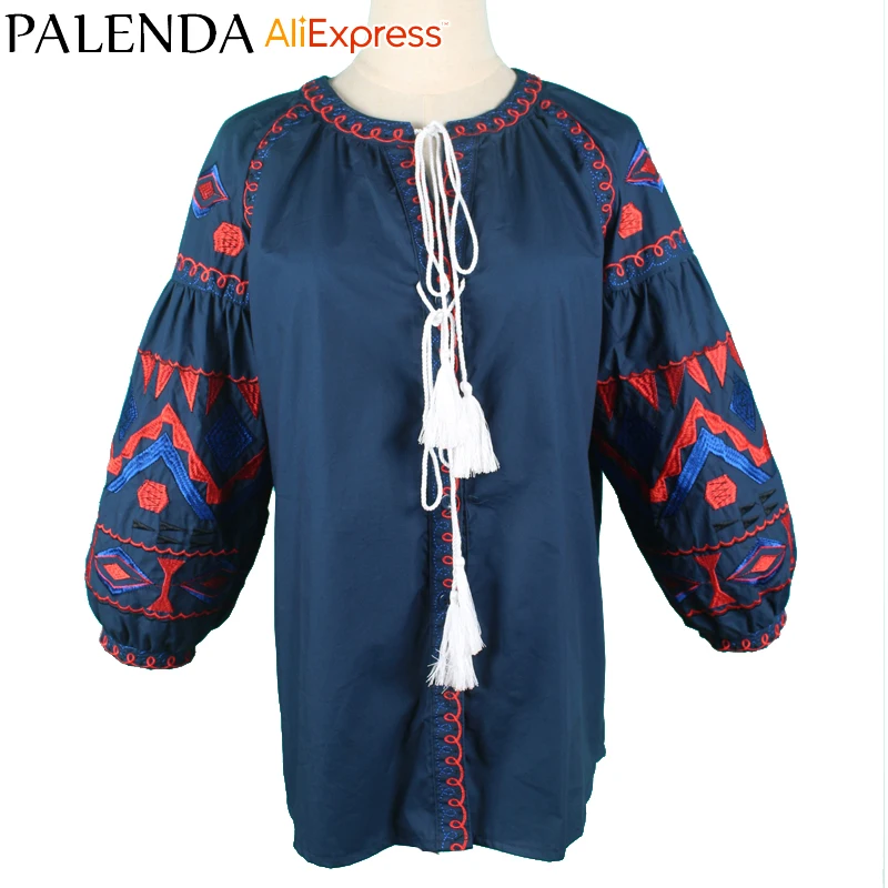 Nieuwe boho blouse blauw bohemian borduurwerk groot formaat breed fit real photo hele koop shirt top blouses leisure kwastje