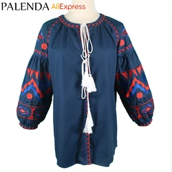 New boho blusa azul bordado boêmio tamanho grande ajuste de largura foto real whole sale shirt top blusas lazer borla