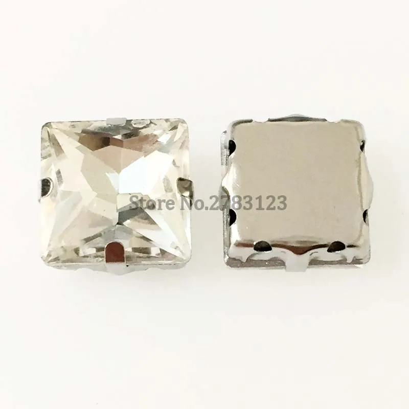 White square shape Silver bottom high quality Glass Crystal sew on rhinestones 8mm 10mm 12mm diy Clothing accessories