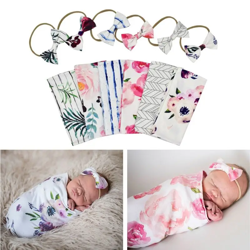 Newborn Photography Prop Baby Blankets Printed Infant Boys Girls Sleeping Swaddle Muslin Wrap +Headband 2PCS