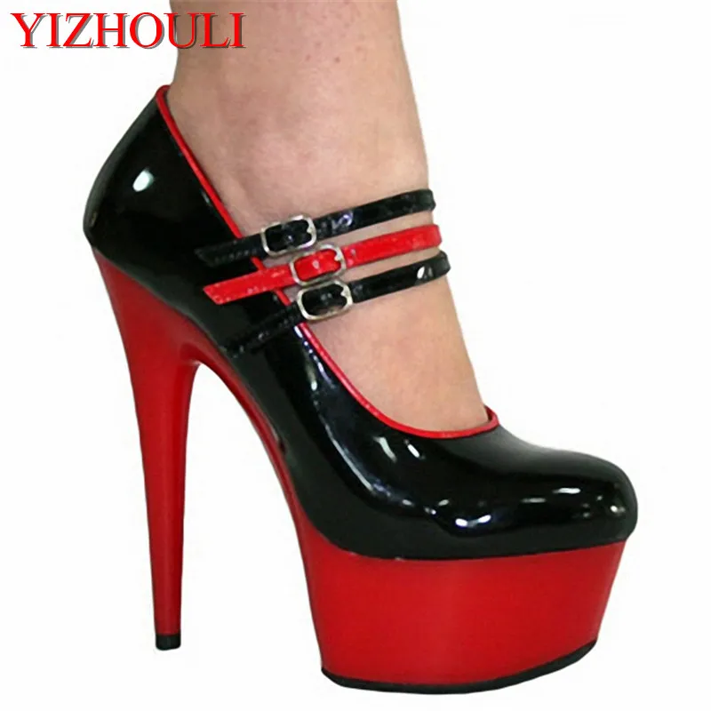 

15cm High-Heeled Shoes Platform Red / Black Single Shoes Patent Platform Shoes With 5cm 3/4 Inch Stiletto Heel and Ankle Straps