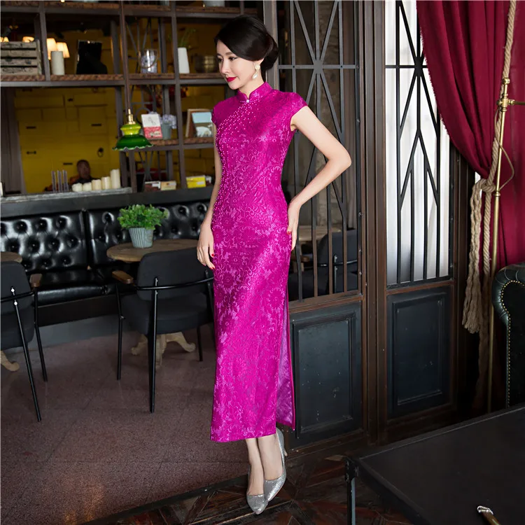 New Arrival Fashion Lace Long Cheongsam Hot Pink Chinese Women's Dress Elegant Qipao Vestidos Size S M L XL XXL XXXL 27591A