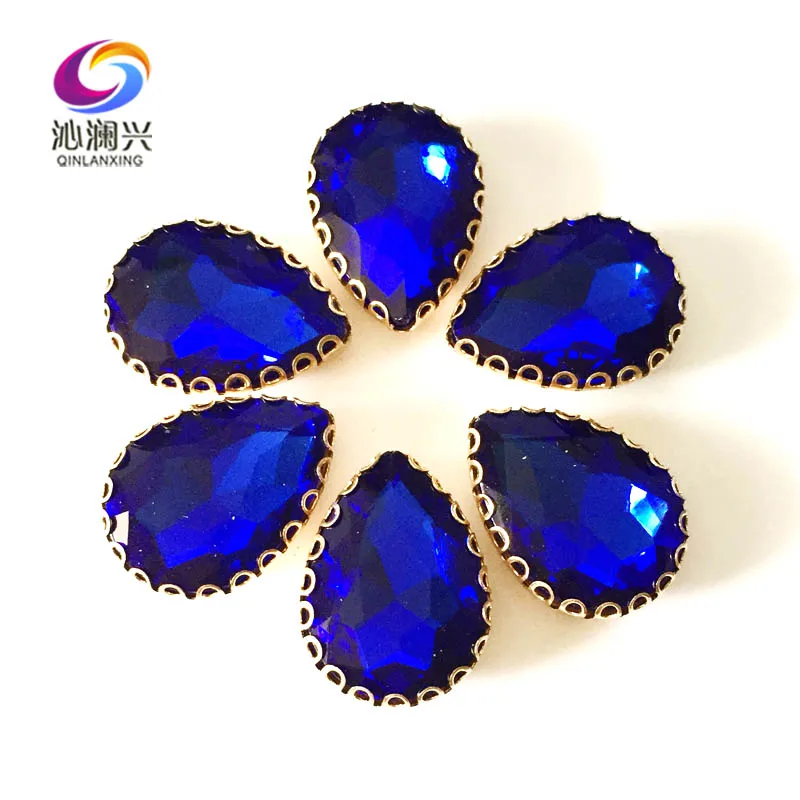 

Drop Shape Royalblue Color Glass Crystal Lace Claw Rhinestones, Golden Bottom Sewing Accessories, Used for Needlework, HLS11