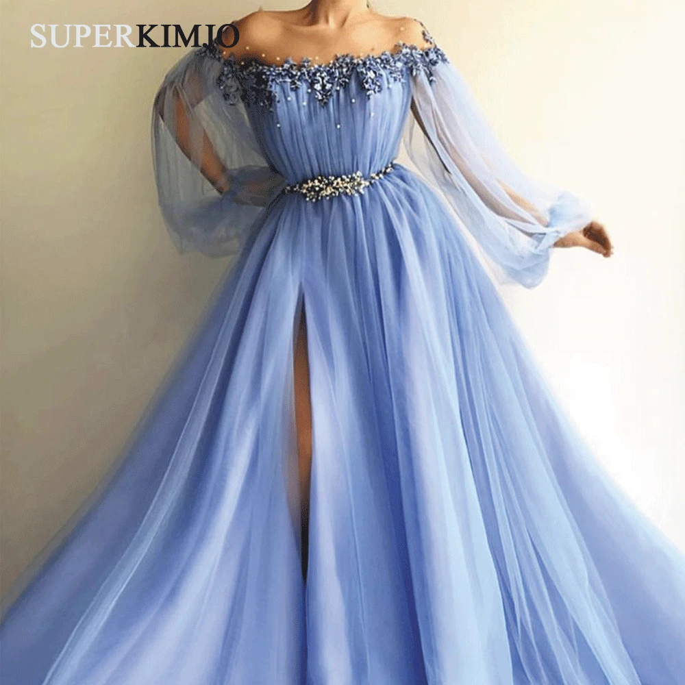 Superkimjo Robe De Soiree Femme 2021 Blue Prom Jurken Lange Mouwen Kralen 3D Bloem Elegante Prom Gown 2022 Abendkleider