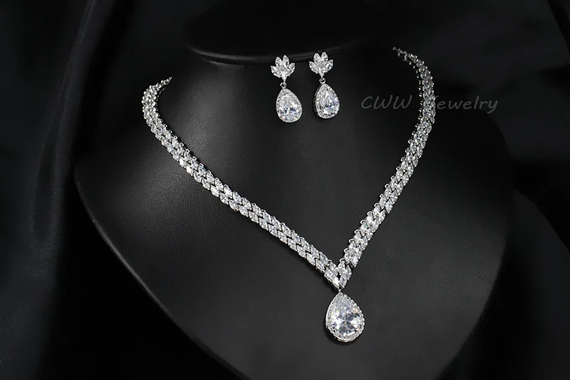 CWWZircons Brand Brilliant AAA+ Cubic Zirconia Big Water Drop Party Earring and Necklace Jewelry Set For Women T241