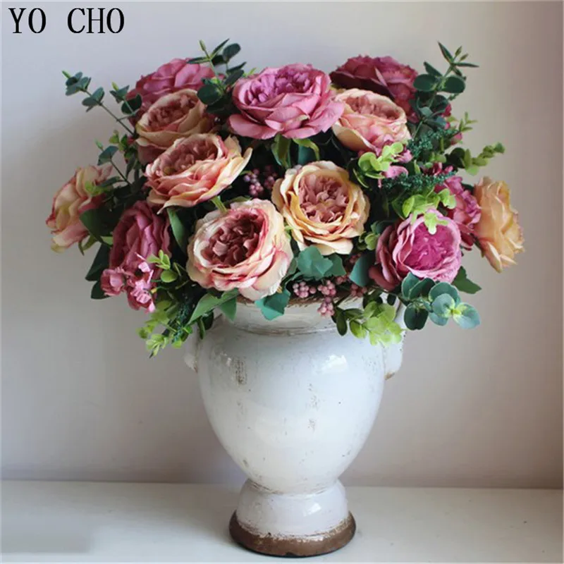 

YO CHO Artificial flowers fake flowers 12 branches roses bouquet Hibiscus big flower heads Plastic plant china christmas flowers