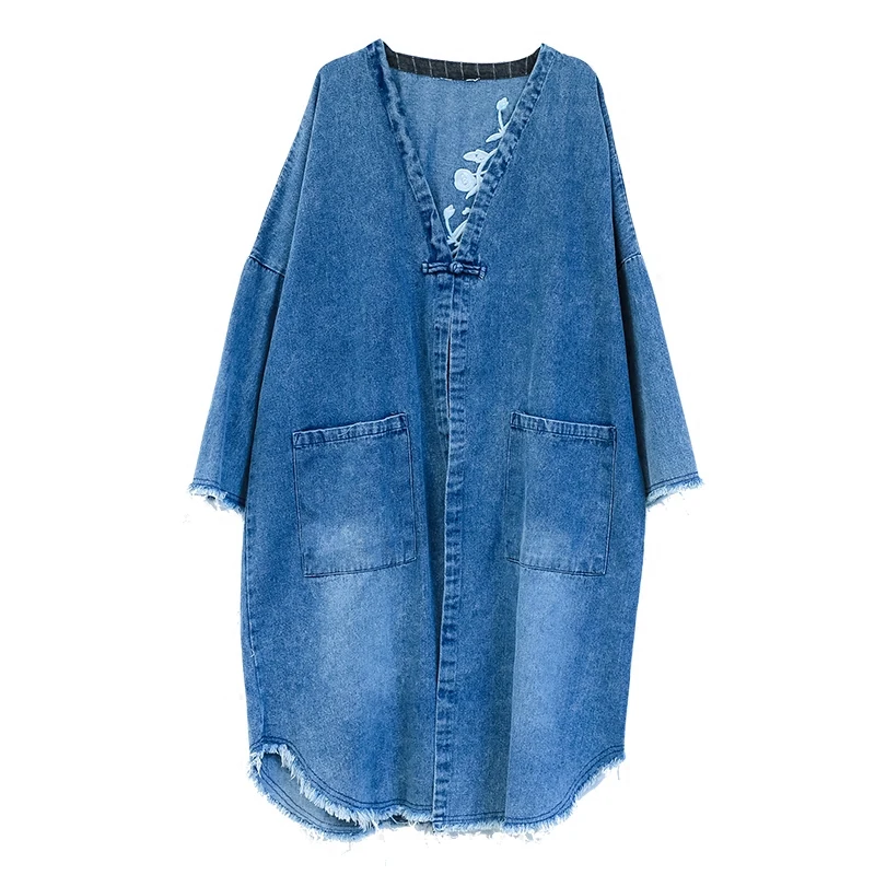 Free Shipping Tassels Embroidery Cardigan Loose Denim Women Long mid-calf Plus Size Vintage Chinese Style Jeans Trench Outerwear