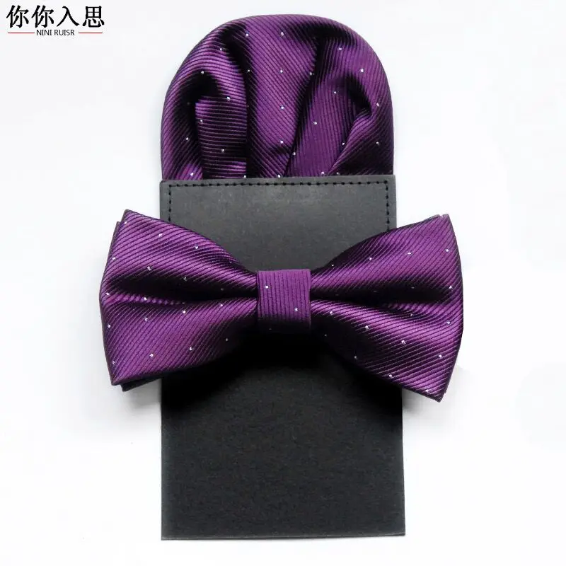 SHENNAIWEI12cm*6cm bowtie men vintage purple black yellow silver wedding dress suits bow tie pocket square handkerchief set lote