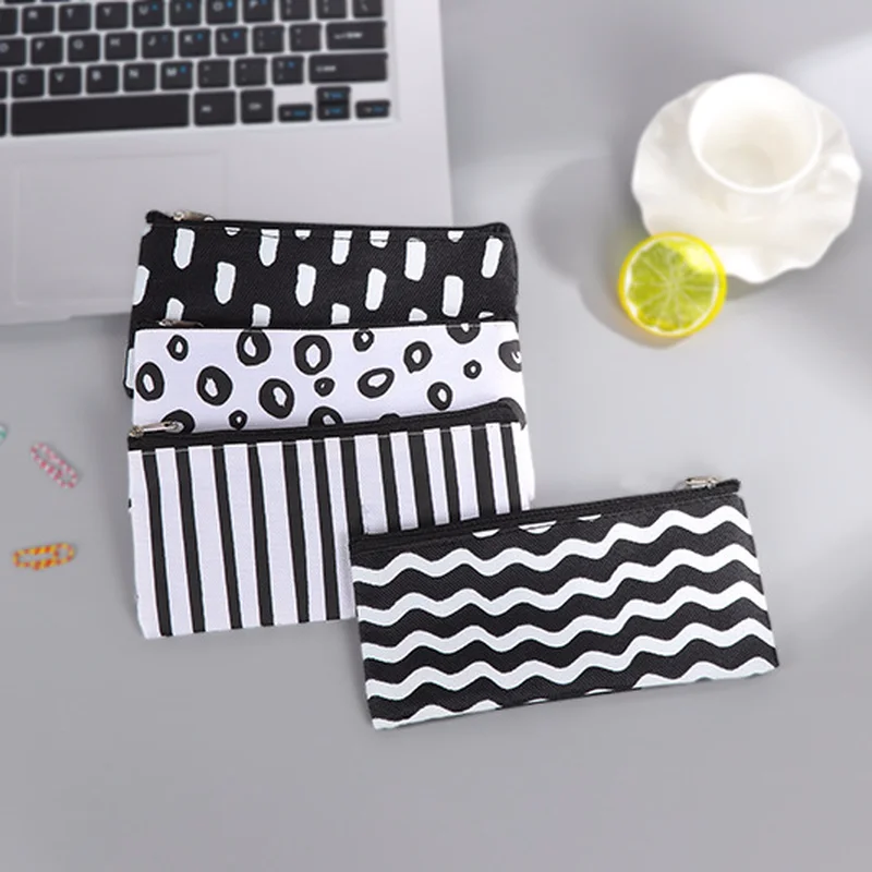 1 PCS Kawaii Pencil Case Wave Stripe Canvas School Supplies Stationery Gift Black Pencil Box Pencilcase Pencil Bag