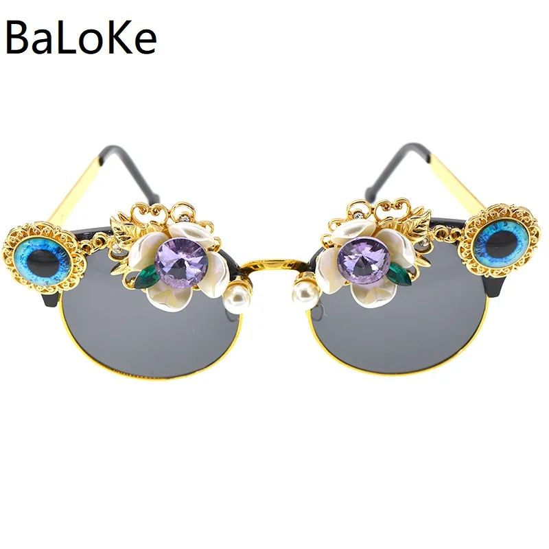 

Handmade High Quality Rhinestone Sunglasses Fashion Flowers Party Summer Beach Women Flower with Pearl Round Vintage Glasses