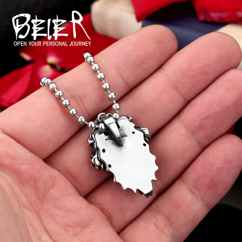 BEIER New store Fashion Men\' Jewelry Wholesale Steel Skull Flower Necklace Pendant With Black Stone gift chain BP8-123