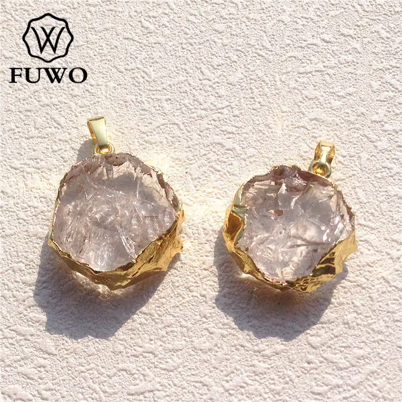 FUWO Wholesale Natural Clear Quartz Round Slice Pendant,Golden Plated Healing Crystal Accessories For Jewelry Making 5Pcs PD061