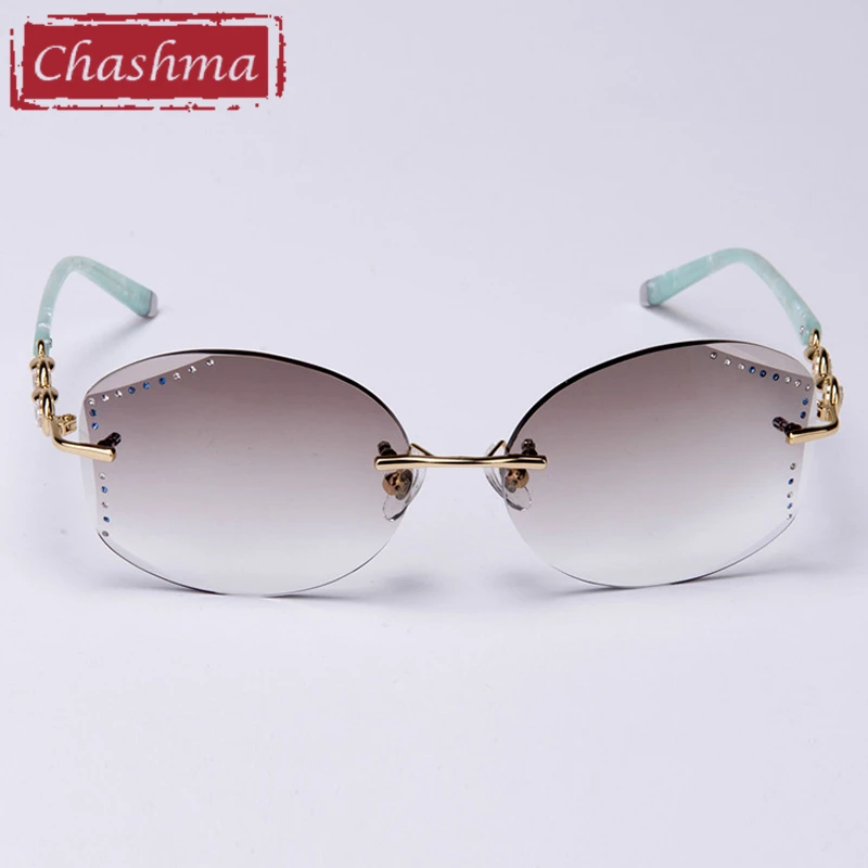 lente de grau Eyeglass Frame with Rhinestone Women Sunglasses Gradient Colored Fashion Rimless Eyewear Female Anti Reflective